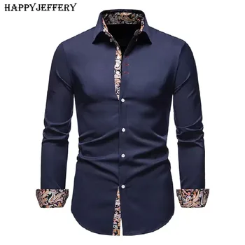 Happyjeffery Нови мъжки ризи Slim Fit флорални отпечатани дълъг ръкав бутон мъжки бизнес случайни мъжки рокля ежедневни ризи LS13
