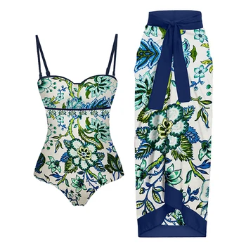 Дамски бански костюми 2023 Сини тиранти печат елегантен стил едно парче бански костюми секси бански костюми лято плажно облекло бикини без гръб
