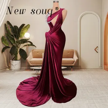 Purple One Shoulder Formal Long Velvet Evening Dresses Sexy High Slit Dressy Date Night Draped Mermaid Prom Gowns Fancy Couture