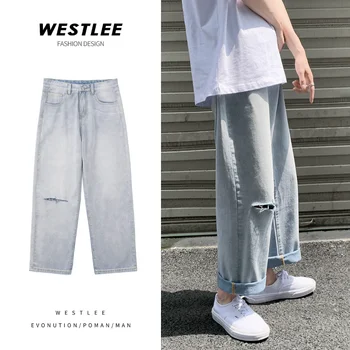 Мъжки дънки мода прав широк крак панталони лято дупка нож нарязани улица момче хлабав панталони светло синьо универсален панталони