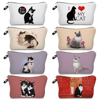 Дамска козметична чанта Kawaii животински грим чанти лично адаптивни сладък обичам котка печат случайни пътуване тоалетна чанта преносим