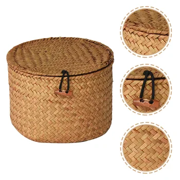 Кутия за съхранение с капак Кошници за тъкани кошчета Ракита тоалетна хартия водорасли декоративни офис морска трева кръг