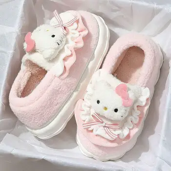 Сладък Hello Kitty Cinnamorol подплатени обувки с токчета женски зимен Melody Maiden принцеса вътрешен у дома сладък памучни чехли