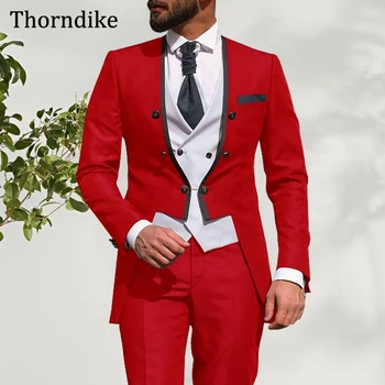 Thorndike Мъжки червен сватбен костюм 2021,3 броя V-образно деколте Смокинги, есенни ежедневни поръчкови Terno Masculino, яке + панталони