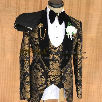 2023 Луксозни черни флорални жакардови мъжки костюми за сватба 3 части тънък годни младоженец смокинг мъжка мода костюм яке жилетка панталони комплект