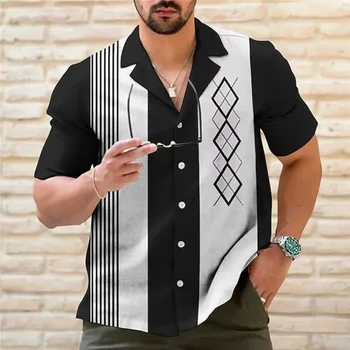 Мъжко облекло Новопристигнали Мъжка риза Улично облекло Раирана реколта спортни ревера къс ръкав мъже ежедневни печат ризи Chemise Homme