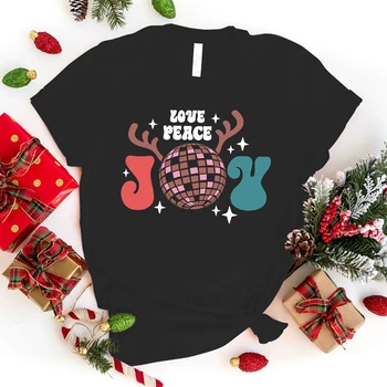 Смешни Коледа Любов мир радост печат тениска писмо печат тениска жени мъже къс ръкав хлабав ризи