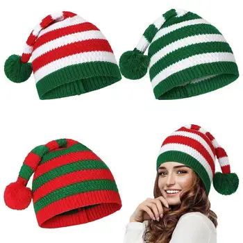 Зимна шапка на Дядо Коледа плетени раирани печат цвят съвпадение плюшена топка висока еластичност против хлъзгане унисекс защита на ушите студоустойчив