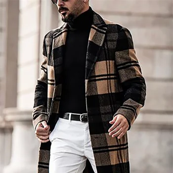 Есен Зима Нова мода Мъжки вълнени палта Плътен цвят Еднореден ревер дълго палто яке случайни палто тренч