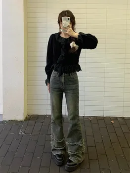 Разкроени дънки жени реколта дънкови панталони улично облекло висока талия тънък женски панталони Harajuku Y2K панталони