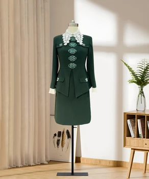 Зимна мода елегантна зелена тежка индустрия дамска фалшива рокля от две части