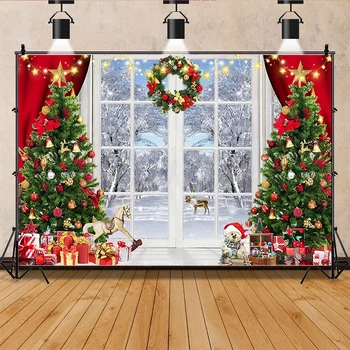 ZHISUXI Коледно дърво прозорец венец фотография фон дървени врати снежен човек кино бор Нова година фон Prop ZZ-24