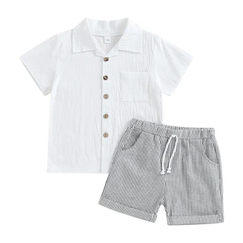 Baby Boy летни памучни ленени дрехи къс ръкав бутон надолу риза с ластик ивица печат шорти 2бр облекло