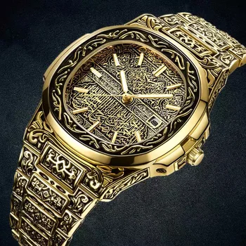2023 Мода реколта дърворезба часовник мъже луксозен бронз неръждаема стомана авто дата кварц ръчни часовници мъже montre homme reloj hombre
