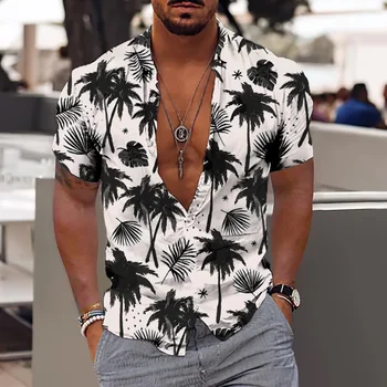 Мода Хавайска мъжка риза 3d кокосово дърво печат лято случайни къс ръкав улична мода облекло висококачествени мъже топ тройници