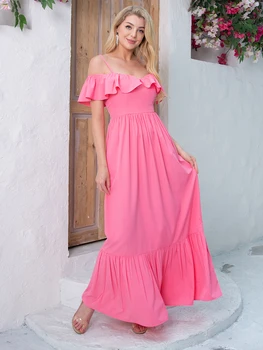 Sweet Pink Off Shoulder Long Chiffon Summer Beach Party Dress A Line Ruffled Maxi рокля за жени Holiday 2023