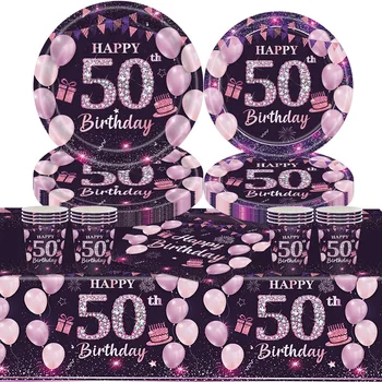 Лилаво розово 50-ти комплекти съдове за еднократна употреба Декорации Петдесетгодишни Знаме за рожден ден 50 години Чинии Салфетки Чаши Tableclo