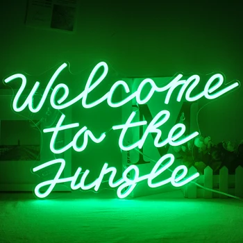 Голям Добре дошли в джунглата Неонов знак Зелен Led неонови светлинни знаци за стена декор Спалня Детска градина Сватба Рожден ден Декор
