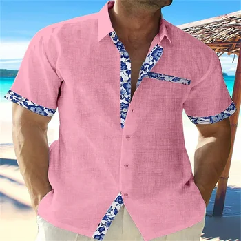 2024 Лятна мода Мъжка хавайска ленена риза Мъжка ежедневна дантела печат плажен джоб къс ръкав голям размер яке 7 цвята