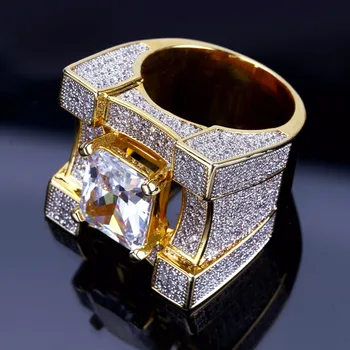 AAA Кубичен цирконий Ice Out Bling Златен голям широк хип-хоп пръстени Златен цвят Геометрични мъже Хип-хоп рапър CZ пръстен бижута