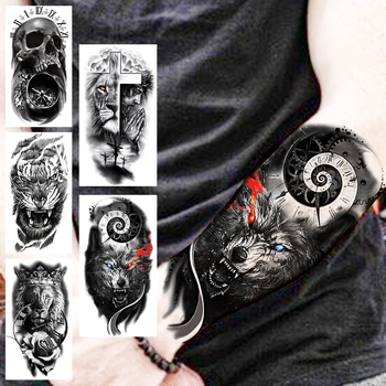 Black Wolf Compass Временни татуировки за жени Мъже Реалистичен череп Тигър Лъв Молещ се фалшив стикер за татуировка Предмишница Tatoos Персонализиран