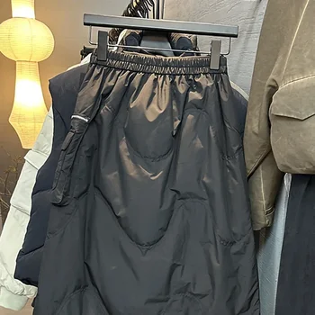 Голф Есен и зима Черна удебелена памучна облицовка Висока талия работна рокля половин дължина A-линия надолу памучна рокля за жени