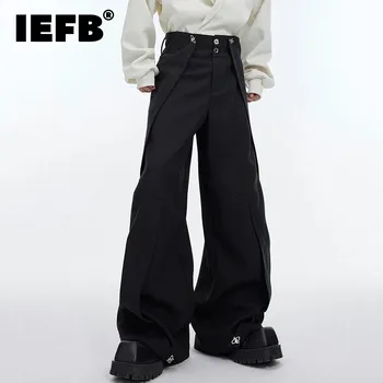 IEFB плисирани мъжки панталони мода пачуърк метална декорация плътен цвят мъжки широк крак панталони ниша дизайн пролетта 9C4434