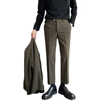 Есен Зима Вълна Ежедневни панталони Мъже Корейски улично облекло Офис мода Slim Fit Панталони с дължина до глезена Мъжки панталони