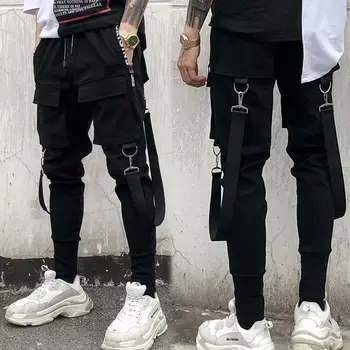 Нова модна марка тъмно стил мъже джогър панталони есен хип-хоп улично облекло страничен цип джоб панделка панталони молив