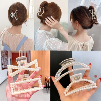 имитация на перлен лък голяма щипка за коса за жени Корейска мода геометрични кухи фиби момиче аксесоари за коса сватба шнола