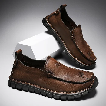 естествена кожа Мъжки обувки Мокасини Ежедневни обувки Zapatos Hombre Outdoors Slip on Sewing Men Туристически обувки Апартаменти за свободното време Ходене