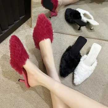 Луксозно коте пета космати муле пързалки жени роза розови секси чехли дами остри пръсти шило плюшени сандали зимни парти обувки