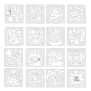 16Pcs Коледни шаблони Комплект шаблони за рисуване Проекти Шаблон за рисуване за многократна употреба за рожден ден Стенни плочки Етаж Плат Дърво