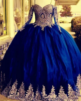 ANGELSBRIDEP Royal Blue Gold Апликация топка рокля Quinceanera рокли дълги ръкави тюл сладък 16 парти рокля vestidos de fiesta