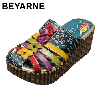 BEYARNE естествена кожа национален стил ръчно рисувани чехли на открито ежедневни летни сандали цвете клинове слайдове дамски обувки