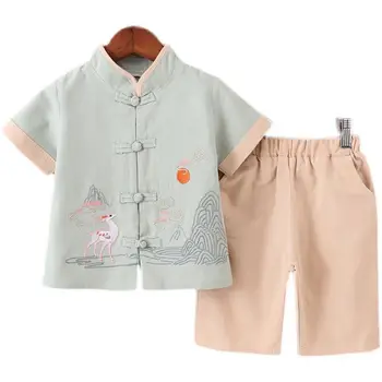 Детски дрехи за момче Комплект от 2 части Сладко облекло в китайски стил Готина тениска + къси панталони Костюм Ежедневни спортни летни анцуг Дрехи