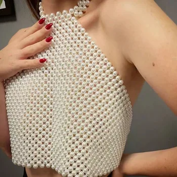 2023 Мода елегантен секси перла камизола жени тъкани перла потник приплъзване лято случайни реколта топ сутиен тяло бижута прашка огърлица