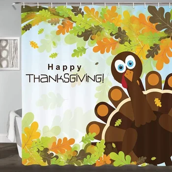 Деня на благодарността душ завеси смешно карикатура Турция и есенни листа баня завеса за баня декор полиестерен плат с куки