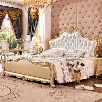 Масивно легло Европейско кожено сватбено легло луксозно френско резбовано двойно легло майсторска спалня шампанско златни мебели