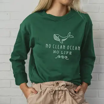 No Clean Ocean No Life Graphic Printed Funny Casual 100% Cotton Long Sleeve Tops Nature Sweatshirts Environmental Tops