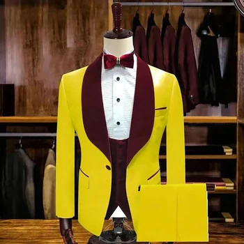 2023 Мода жълто мъжки тънък годни костюм смокинг младоженеца официална сватба вечеря парти костюм по поръчка мъжки кум блейзър 3 парчета