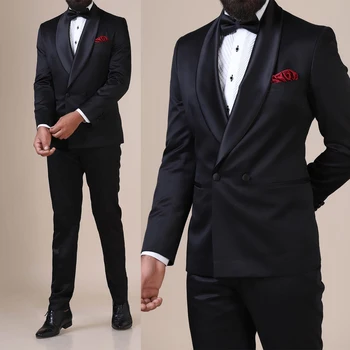 Красив черен младоженец мъже смокинги класически шал ревера блейзър костюми официално парти абитуриентски панталони комплект