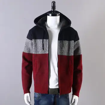 Яке с качулка Colorblock плетено мъжко пуловер яке с качулка топло стилно уютно средно дълго жилетка палто за зима есен