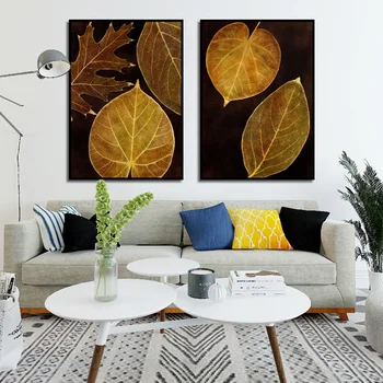 Скандинавски златни цветя листа платно живопис плакат печат HD декор стена изкуство картини за хол спалня пътека уникални растения