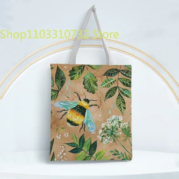 Мода пчела цвете печат модел голям капацитет платно чанта преносим сгъваем рамо чанта лек прашка купувач чанта