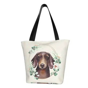 Забавен печат дакел куче в цветен злато пазарска голяма пазарска чанта за многократна употреба платно купувач рамо язовец наденица Wiener кученце чанта