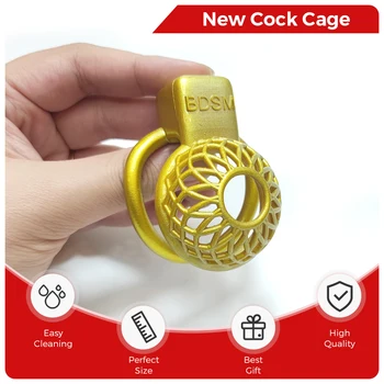 Златен малък ретикуларен петел клетка 3D дизайн целомъдрие клетка устройство с пръстени еротика уретра месинг заключване секс играчки за мъже