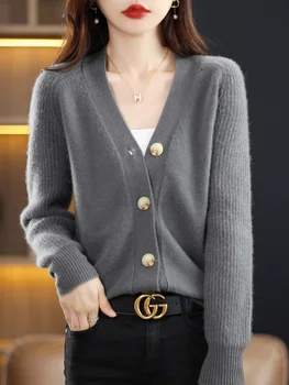 Есен Зима V-образно деколте удебелена ежедневна жилетка 100% мериносова вълна твърди свободни кашмир пуловер женски дрехи нова мода отгоре