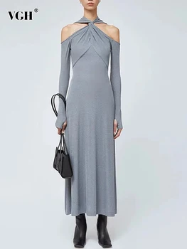 VGH твърди кухи Crisscross минималистични рокли за жени кръг врата дълъг ръкав висока талия елегантна рокля за отслабване женски нов