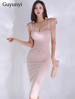 Елегантна парти рокля лятна розова корейска мода секси каишка отворен гръб без ръкави с висока талия линия тесни дамски рокли